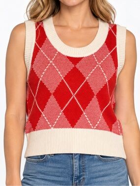 Monteau Los Angeles Red Cream Argyle Knit Sweater Vest Size M Preppy